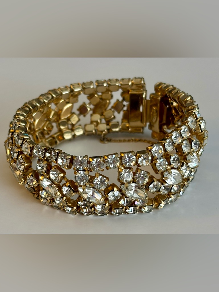 Kramer Rhinestone Bracelet Wide Gold Vintage Statement Bracelet 1950s Signed